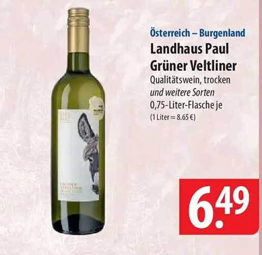 Landhaus Paul Grüner Veltliner Qualitätswein, trocken und weitere Sorten 0,75-Liter-Flasche je