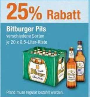 25% Rabatt auf Bitburger Pils – verschiedene Sorten je 20 x 0,5-Liter-Kiste