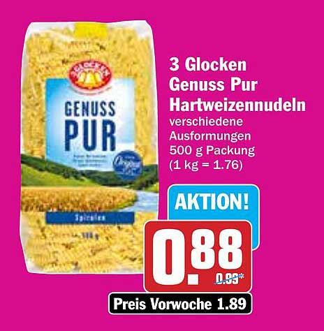 3 Glocken Genuss Pur Hartweizennudeln 500 g Packung