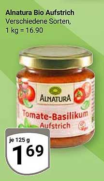 Alnatura Bio Aufstrich Tomate-Basilikum, 125 g für 1,69 €