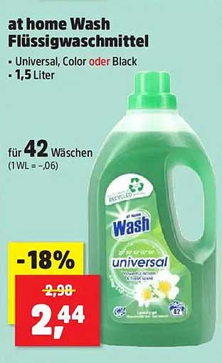 at home Wash Flüssigwaschmittel – Universal, Color oder Black, 1,5 Liter