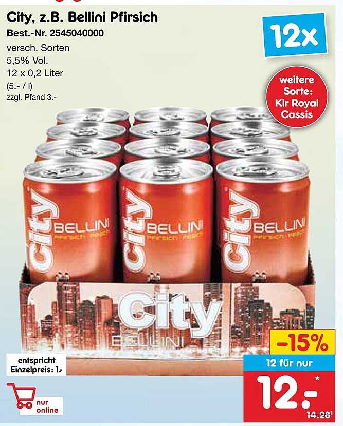 City, z.B. Bellini Pfirsich 12x0,2L