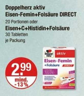 Doppelherz aktiv Eisen-Femin+Folsäure DIRECT 20 Portionen oder Eisen+C+Histidin+Folsäure 30 Tabletten je Packung