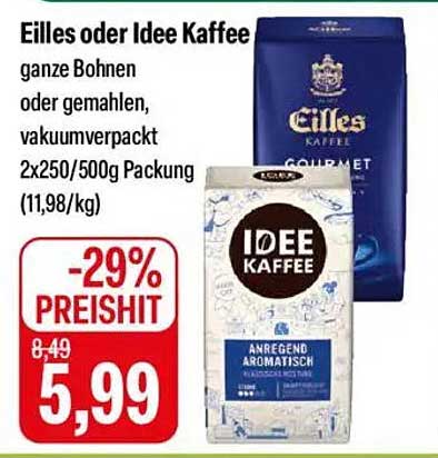 Eilles oder Idee Kaffee – Ganze Bohnen oder Gemahlen, vakuumverpackt 2x250g/500g Packung