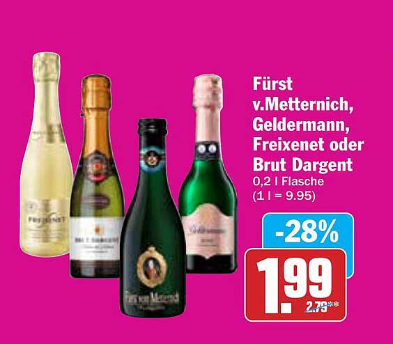 Fürst v.Metternich, Geldermann, Freixenet oder Brut Dargent 0,2 l Flasche