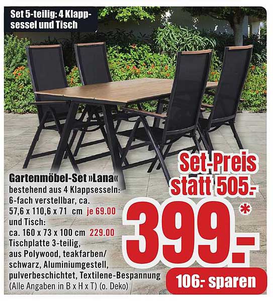 Gartenmöbel-Set »Lana« - 5-teilig: 4 Klappsessel und Tisch