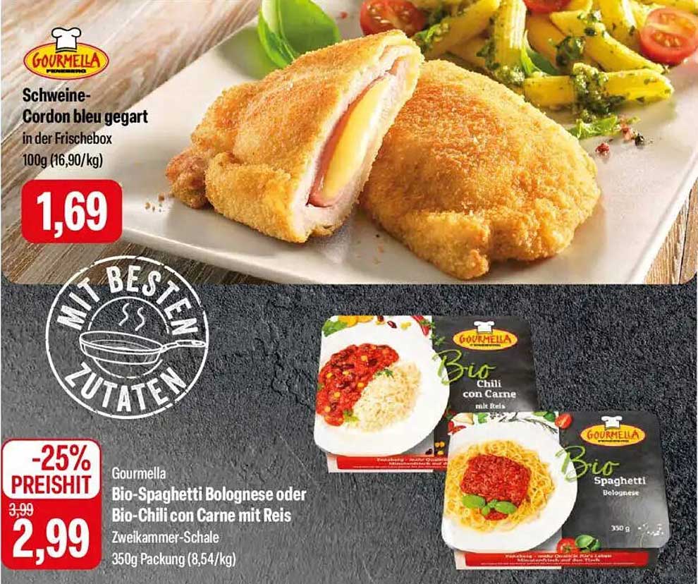 Gourmet Cordon Bleu und Bio-Spaghetti Bolognese oder Bio-Chili con Carne mit Reis