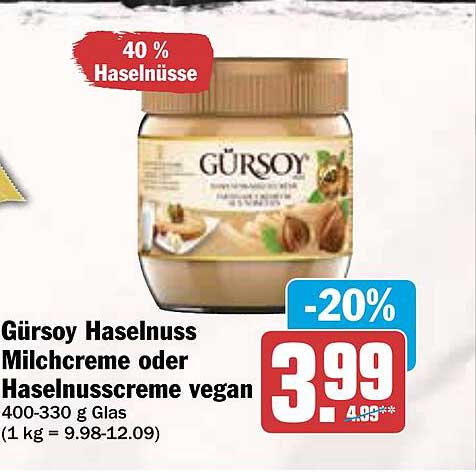 Gürsoy Haselnuss Milchcreme oder Haselnusscreme vegan 400-330 g Glas