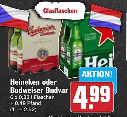 Heineken oder Budweiser Budvar 6 x 0,33 l Flaschen