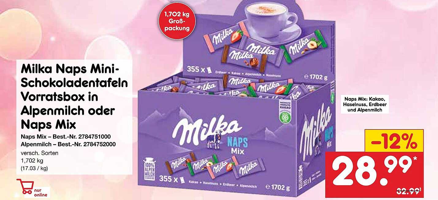Milka Naps Mini-Schokoladentafeln Vorratsbox in Alpenmilch oder Naps Mix