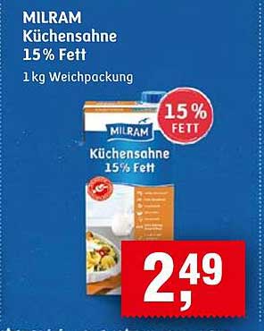 MILRAM Küchensahne 15% Fett - 1 kg Weichpackung
