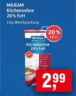 MILRAM Küchensahne 20% Fett 1 kg Weichpackung