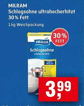 MILRAM Schlagahne ultra hoch erhitzt 30% Fett 1 kg Weichpackung