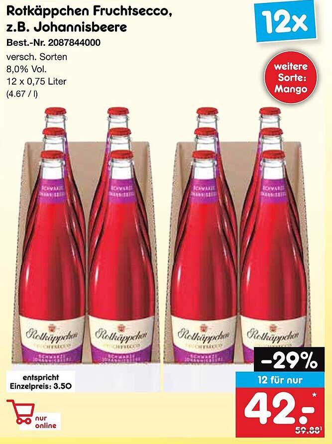 Rotkäppchen Fruchtsecco, z.B. Johannisbeere (12 x 0,75 Liter)