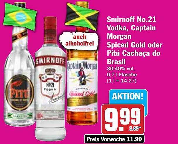 Smirnoff No.21 Vodka, Captain Morgan Spiced Gold oder Pitú Cachaça do Brasil