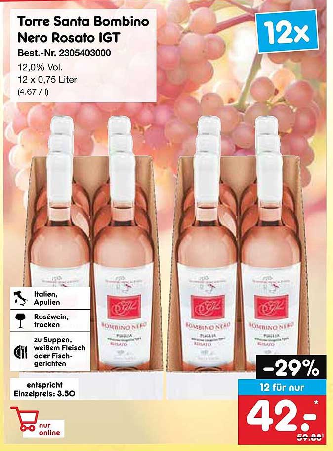 Torre Santa Bombino Nero Rosato IGT 12 x 0,75 Liter