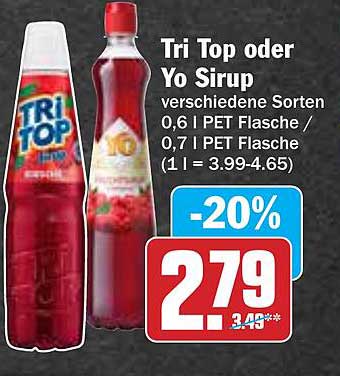 Tri Top oder Yo Sirup - 0,6 l PET Flasche / 0,7 l PET Flasche