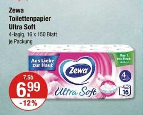 Zewa Toilettenpapier Ultra Soft - 4-lagig, 16 x 150 Blatt je Packung