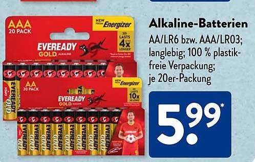 Alkaline-Batterien AA/LR6 bzw. AAA/LR03; langlebig; 100 % plastikfreie Verpackung; je 20er-Packung