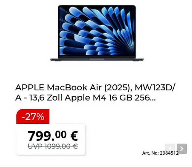 APPLE MacBook Air (2025), MW123D/A - 13,6 Zoll Apple M4 16 GB 256...
