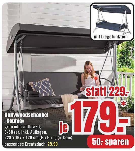 Hollywoodschaukel »Sophia« grau oder anthrazit, 3-Sitzer, inkl. Auflagen, 228 x 167 x 120 cm (B x H x T) (o. Deko) passendes Ersatzdach