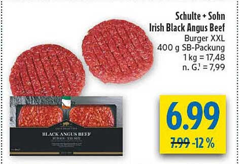 Schulte + Sohn Irish Black Angus Beef Burger XXL 400 g SB-Packung 1 kg = 17,48 n. G. = 7,99