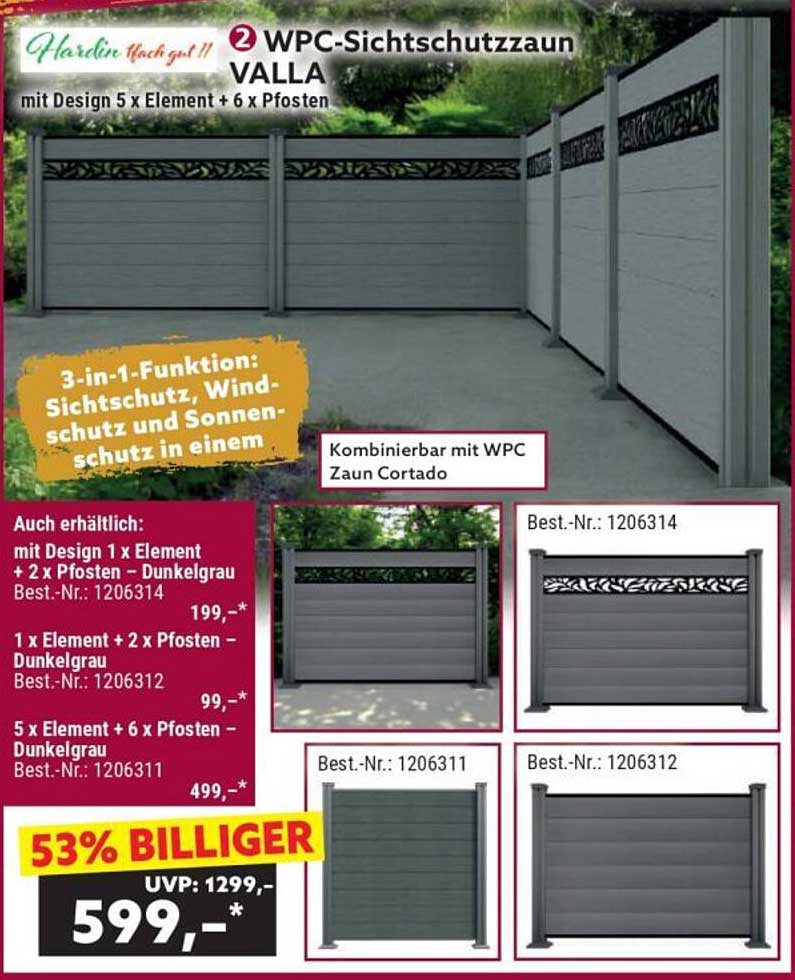 2 WPC-Sichtschutzzaun VALLA mit Design 5 x Element + 6 x Pfosten