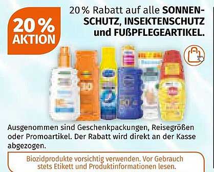 20 % Rabatt auf alle SONNENSCHUTZ, INSEKTENSCHUTZ und FUSSPFLEGEARTIKEL
