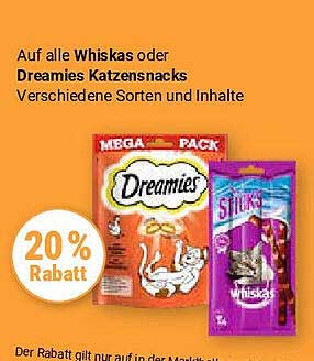 20 % Rabatt auf Whiskas oder Dreamies Katzensnacks