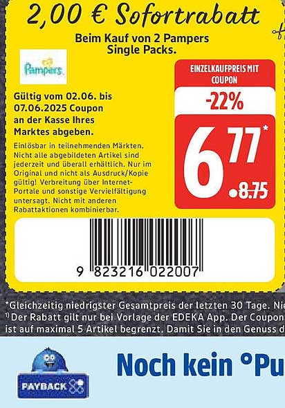 2,00 € Sofortrabatt beim Kauf von 2 Pampers Single Packs