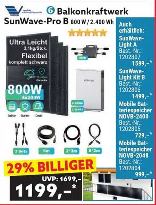 6 Balkon-Kraftwerk SunWave-Pro B 800 W / 2.400 Wh