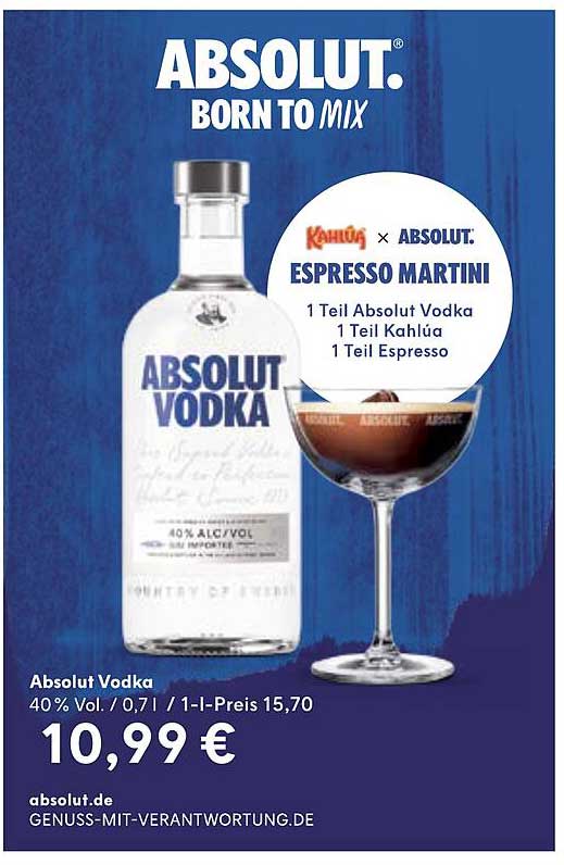 Absolut Vodka 0,7l für 10,99 €