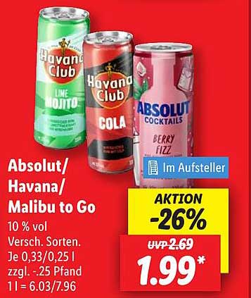 Absolut/Havana/Malibu to Go – Erfrischende Cocktails in der Dose