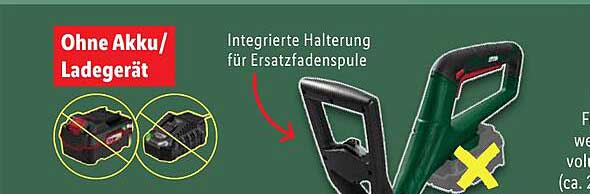 Akku-Trimmer ohne Akku/Ladegerät mit integrierter Halterung für Ersatzfadenspule