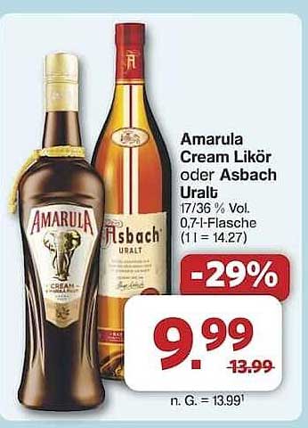 Amarula Cream Likör oder Asbach Uralt 0,7 l-Flasche