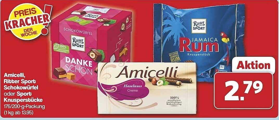 Amicelli, Ritter Sport Schokowürfel oder Sport Knusperstücke 176/200-g-Packung