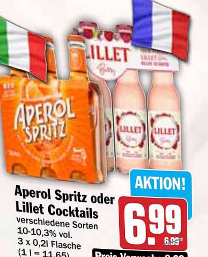 Aperol Spritz oder Lillet Cocktails - Verschiedene Sorten 10-10,3% vol, 3 x 0,2l Flasche