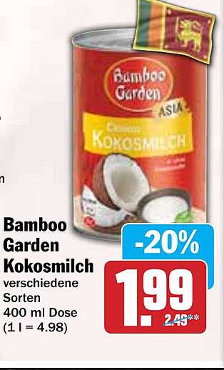 Bamboo Garden Kokosmilch verschiedene Sorten 400 ml Dose