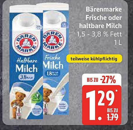 Bärenmarke Frische oder haltbare Milch 1,5 - 3,8 % Fett 1L
