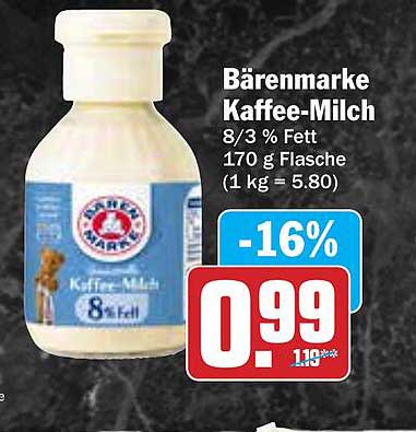 Bärenmarke Kaffee-Milch 8/3 % Fett 170 g Flasche
