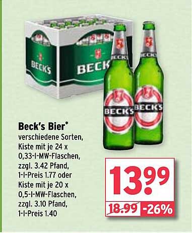 Beck's Bier - verschiedene Sorten, Kiste mit 24 x 0,33-l-MW-Flaschen