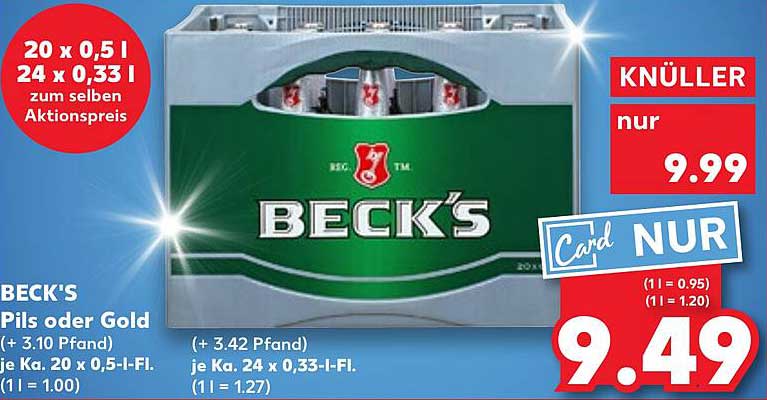 BECK'S Pils oder Gold - 20 x 0,5 l oder 24 x 0,33 l zum Aktionspreis