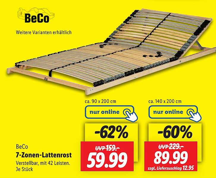 BeCo 7-Zonen-Lattenrost, verstellbar, 90 x 200 cm und 140 x 200 cm