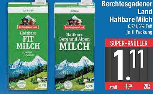 Berchtesgadener Land Haltbare Milch 0,7/1,5% Fett je 1l Packung