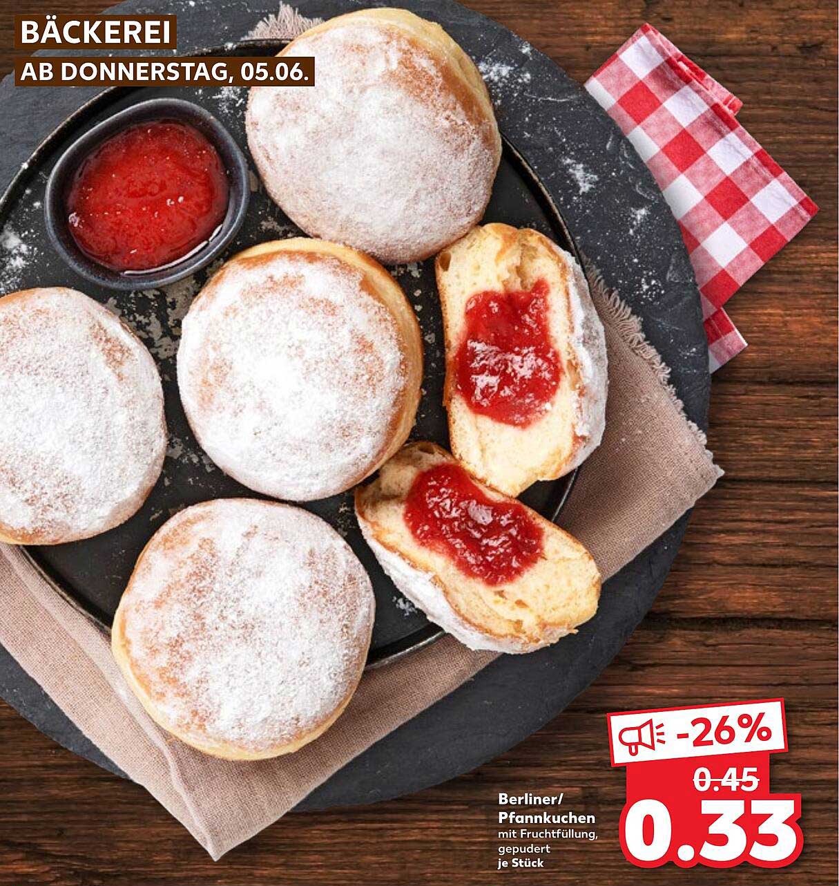 Berliner/Pfannkuchen mit Fruchtfüllung, gepudert je Stück