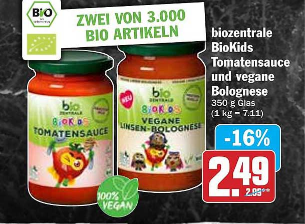 biozentrale BioKids Tomatensauce und vegane Bolognese