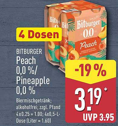BITBURGER Peach 0,0 % / Pineapple 0,0 % (4 Dosen)