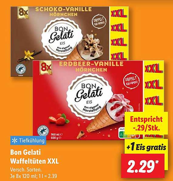 Bon Gelati Waffeltüten XXL 8er Pack – Schoko-Vanille und Erdbeer-Vanille