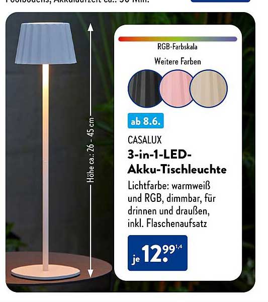 CASALUX 3-in-1-LED-Akku-Tischleuchte