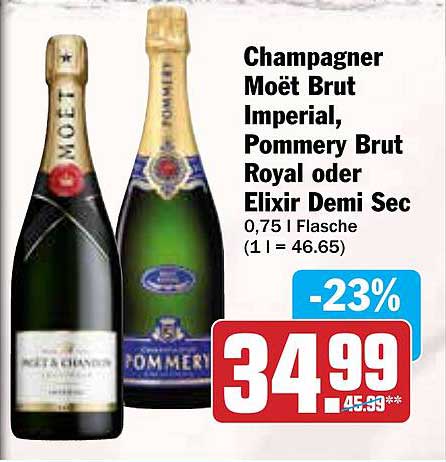 Champagner Moët Brut Imperial, Pommery Brut Royal oder Elixir Demi Sec